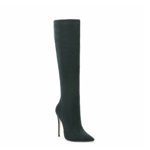 Hunter green suede stiletto knee high boots